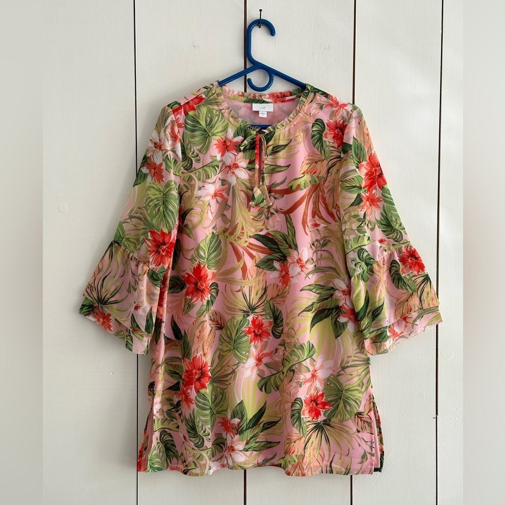 J. Jill Seashell Paradise Tunic Top Sz M Bright Multi Floral Island Tropical